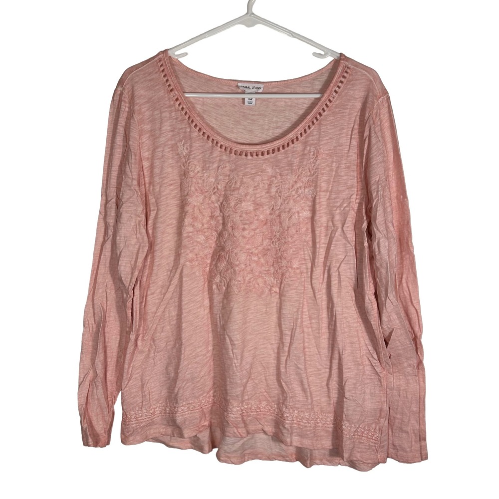 Tribal Jeans Womens XL Pink Embroidered Slub Knit‎ Long Sleeve Top 6719O-1191